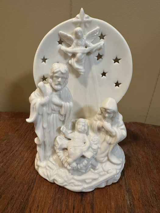 Vintage Porcelain Holy Family Nativity with Star Background.