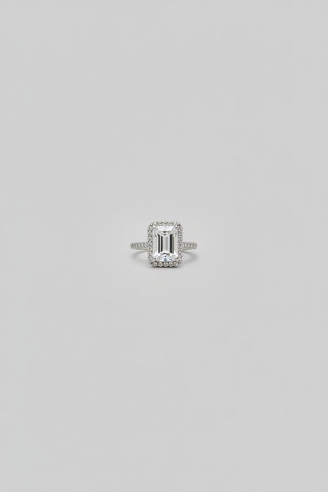 Silver Ring with Rectangle Stone and Half-Diamond Band