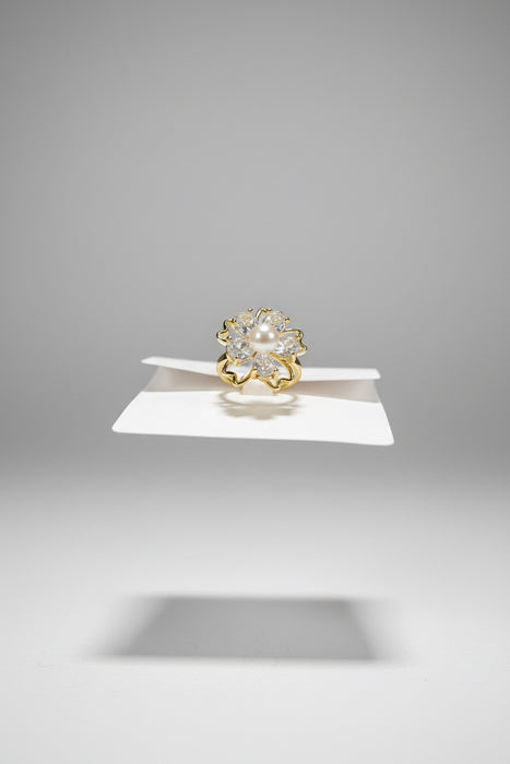 Gold & Crystal Double Flower with Small Center Pearl Adjustable Fidget Ring