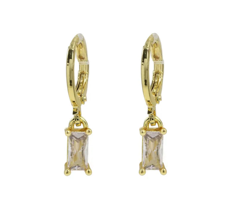 Elia Earrings. Gold Birthstone Huggie Hoop Earrings with Rectangle Stones