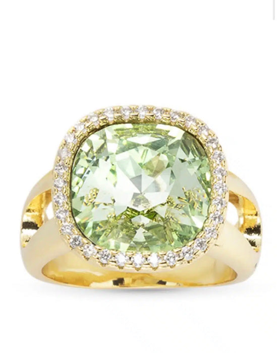 Gold CZ and Large Crystal Green Ring