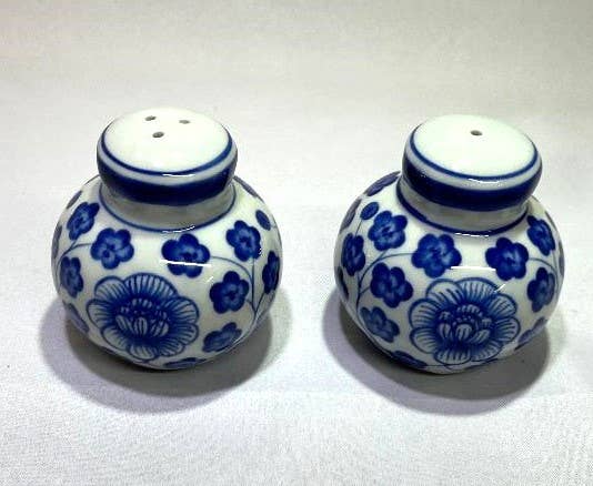 Blue & White Salt and Pepper Shakers, Puff Ball Floral Patter
