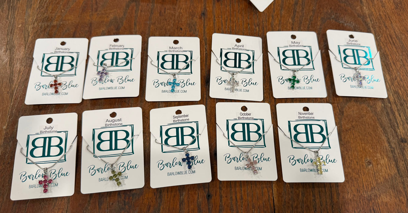 Birthstone CZ Cross Necklace.  Available in Gold or Silver.  Adjustable slide Necklace.