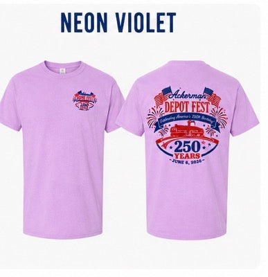 Ackerman, MS Depot Fest 250th Celebration Comfort Colors TEES.  Available in Youth & Adult Sizes.  Proceeds go to Depot Fest.