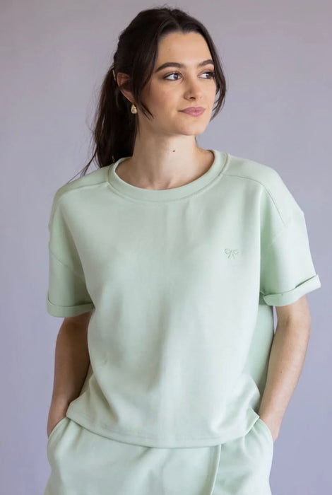 Simply Southern Soft Lounge Tee.  Has a Small Embroidered Bow Detail.  So Soft!  Available in Blush & Sage Colors
