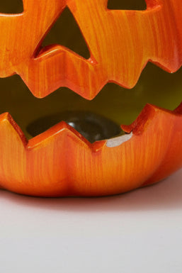 *Damaged* Smiley Face Ceramic Vintage Halloween Pumpkin Lantern w/ LED