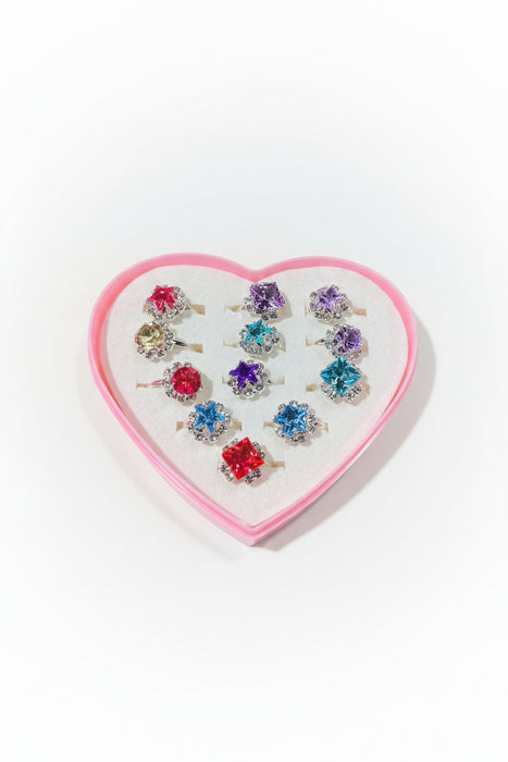Kids Jewel Rings in Heart Shaped Box. Many Styles included in Box!