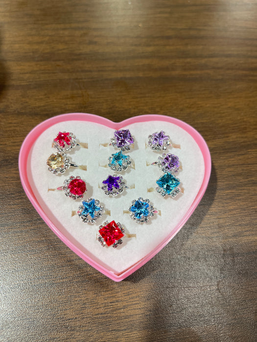 Kids Jewel Rings in Heart Shaped Box. Many Styles included in Box!
