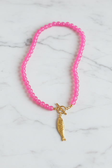 Pink Beaded Necklace with Gold Sardine