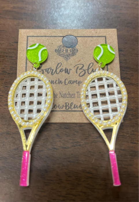 The Tennis Girl Earrings- White, Gold, & Pink Tennis Racket with Green Tennis Ball Long Earrings