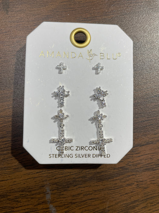 Silver CZ Trio Cross with Drop Earrings