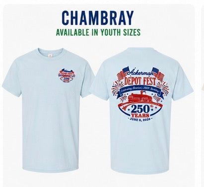 Ackerman, MS Depot Fest 250th Celebration Comfort Colors TEES.  Available in Youth & Adult Sizes.  Proceeds go to Depot Fest.