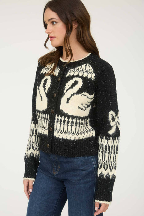 Caramel Swan Jacquard Button Down Long Sleeve Sweater Cardigan