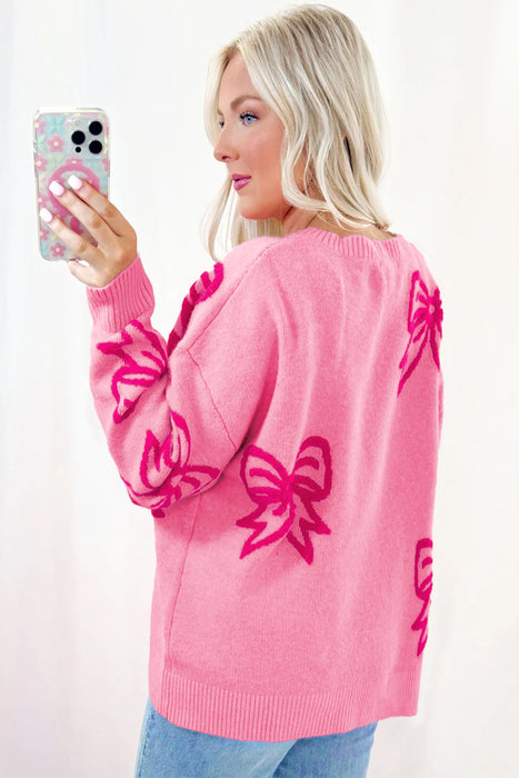 Hot Pink Bow Sweater with Cuff Sleeves