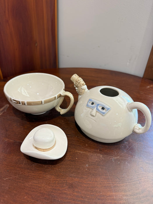 Vintage Fitz & Floyd Cowboy Character Teapot 1977 | Whimsical Ceramic Western Coffee & Tea Pot.  3 Piece Set