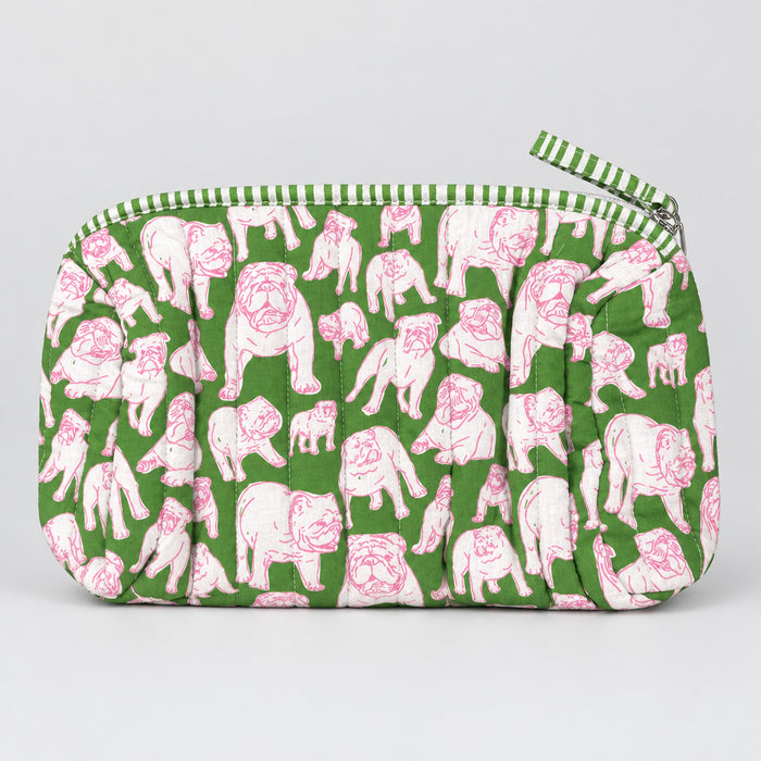 Chelsea Bulldog Quilted Cosmetic Bag- Green/Pink/White 10x6x5