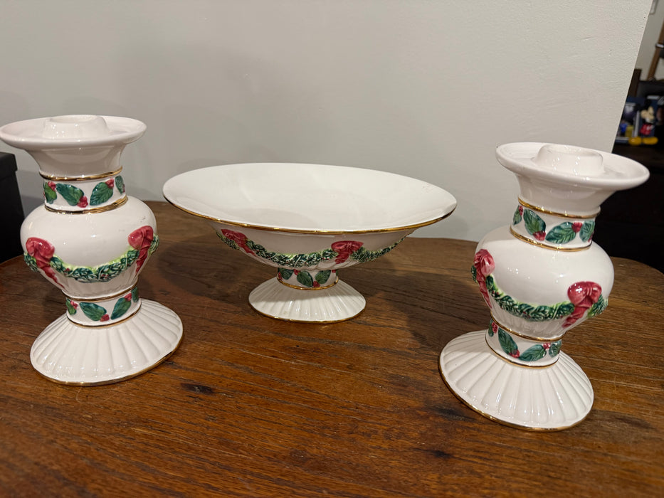 Christmas Ceramic Centerpiece Set – Compote Bowl + Candleholders (3-Piece Set)