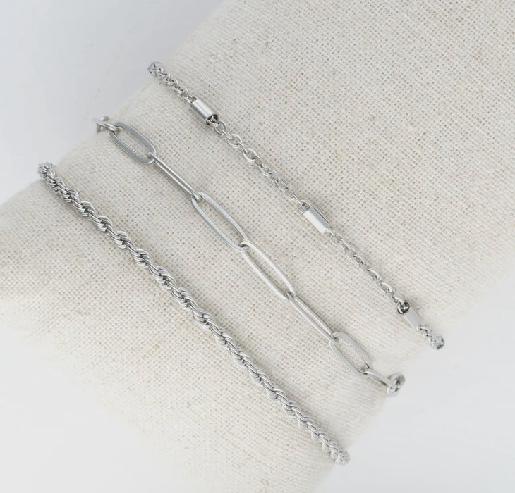 Waterproof Silver Twisted Chain Bracelet Set