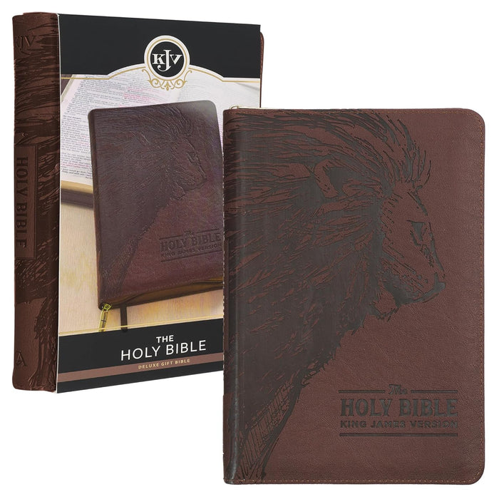 Walnut Brown Faux Leather King James Version Deluxe Gift Bible with Thumb Index and Zippered Closure