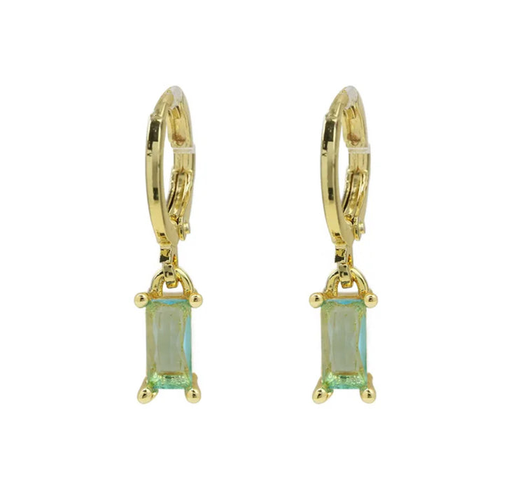 Elia Earrings. Gold Birthstone Huggie Hoop Earrings with Rectangle Stones