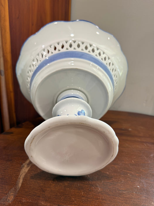 Vintage Blue & White Pierced Pedestal Compote Bowl | Delft Style Floral Footed Serving Bowl