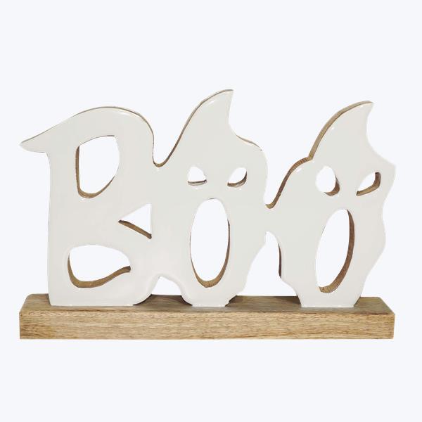 Mango Wood Tabletop Boo Word Sign with Ghosts Faces