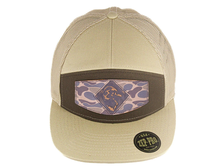 Mallard Old School Camo Brown Leather Patch Hat, 7-Panel Modern Flat Bill Cap.