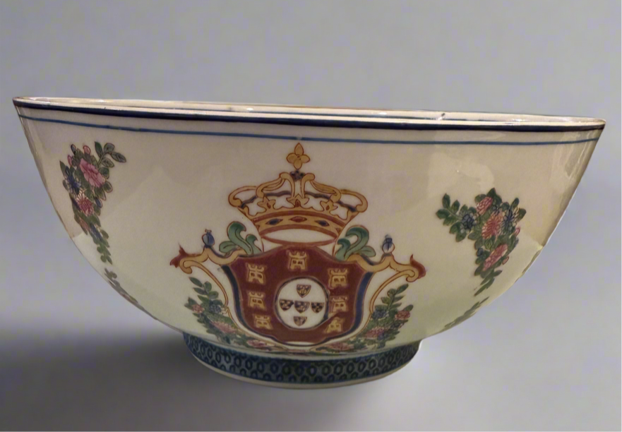 Vintage Blue and White Porcelain Crown Bowl By Oriental Accent. 10 in Diameter