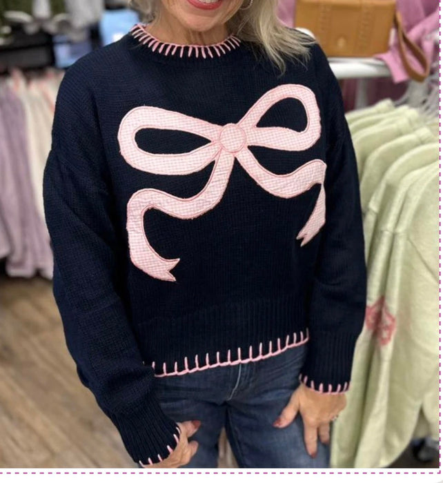 Navy Sweater with Pink Bow by Simply Southern