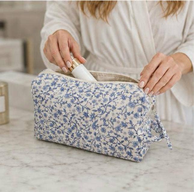 Blue Floral & Vine Quilted Vanity and Travel Bag