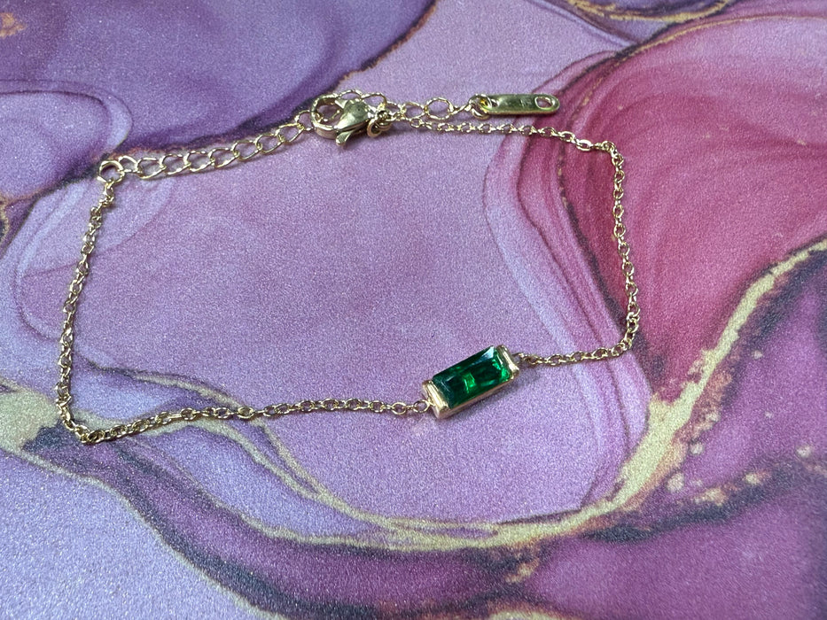 Birthstone Bracelets with Rectangle Birthstone Charm On Gold Chain- Great for Stacking!