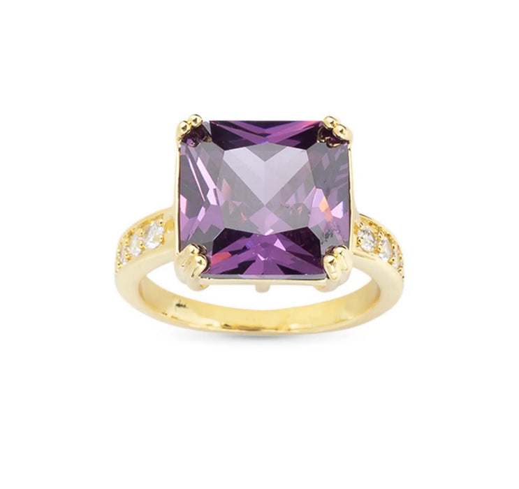 Gold CZ and Large Crystal Deep Purple Ring