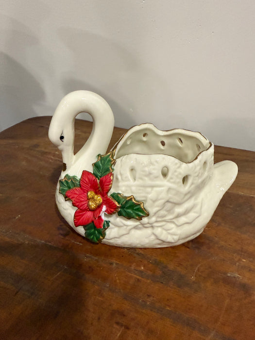 Vintage Christmas Swan Planter with Poinsettia