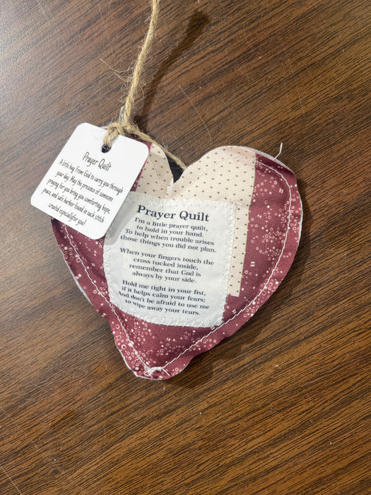 Heart Shape Pocket Prayer Quilt with a Wood Cross Inside.  Different Verses or Quotes Available.