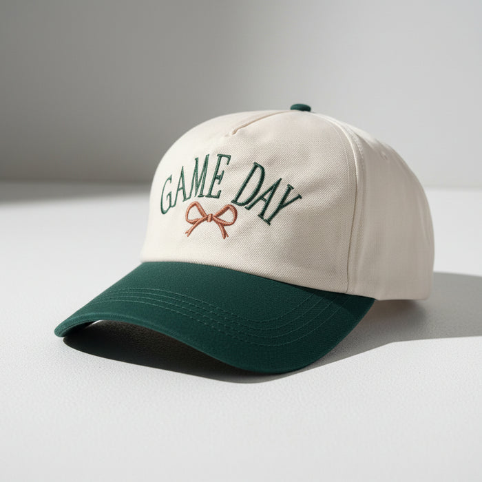 Green & Cream Gameday Hat With Brown Bow