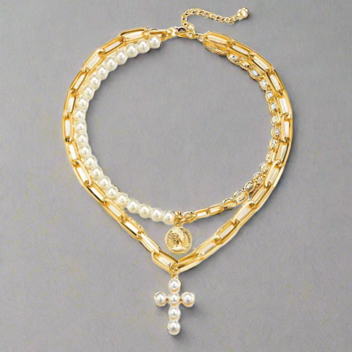Gold Link and Pearl Layered Necklace