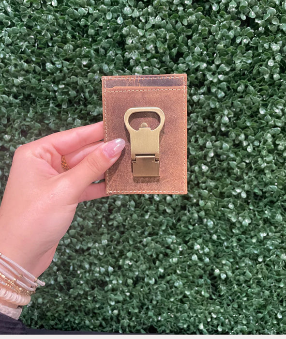 Brown Leather Card Wallet with Gold Bottle Opener Money Clip- Personalization Included!