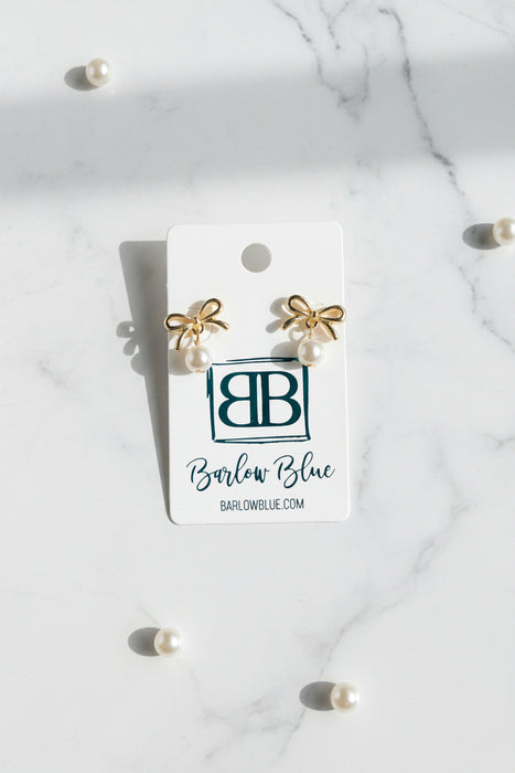 Gold Bow Pearl Drop Stud Earrings