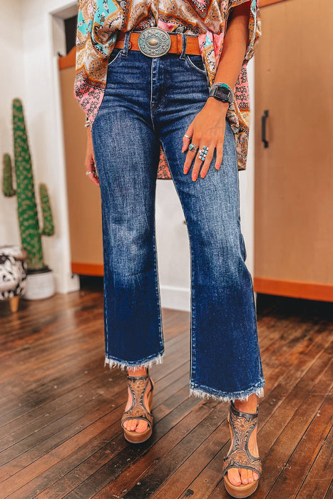 Sail Blue Mineral Wash High Waisted Jeans with Ram Hem Edge