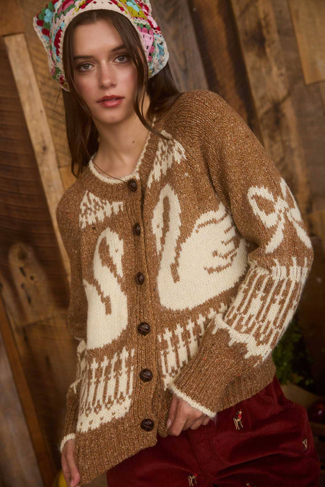 Caramel Swan Jacquard Button Down Long Sleeve Sweater Cardigan