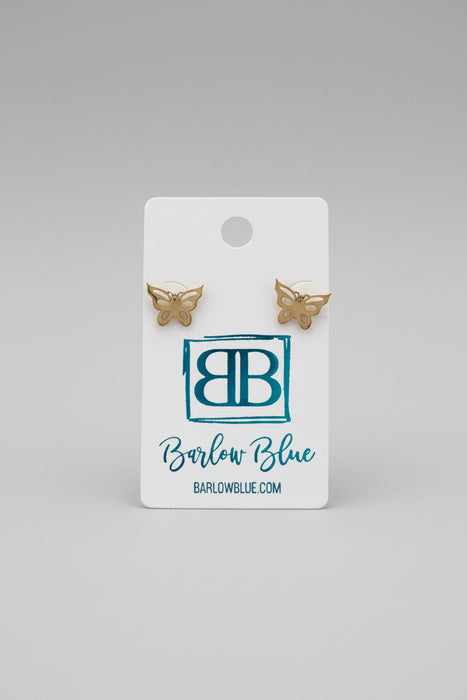 Gold Butterfly Stud Earrings with 3 Wing Details