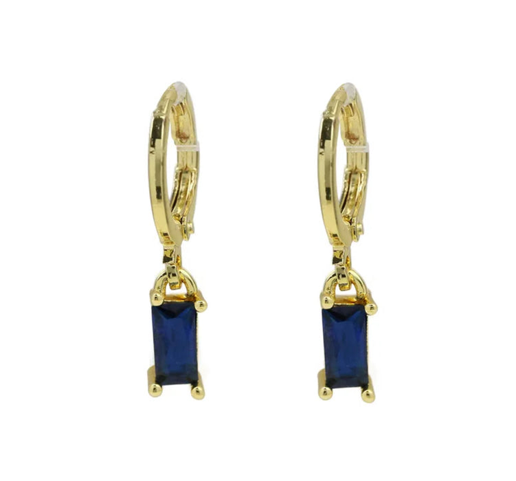 Elia Earrings. Gold Birthstone Huggie Hoop Earrings with Rectangle Stones
