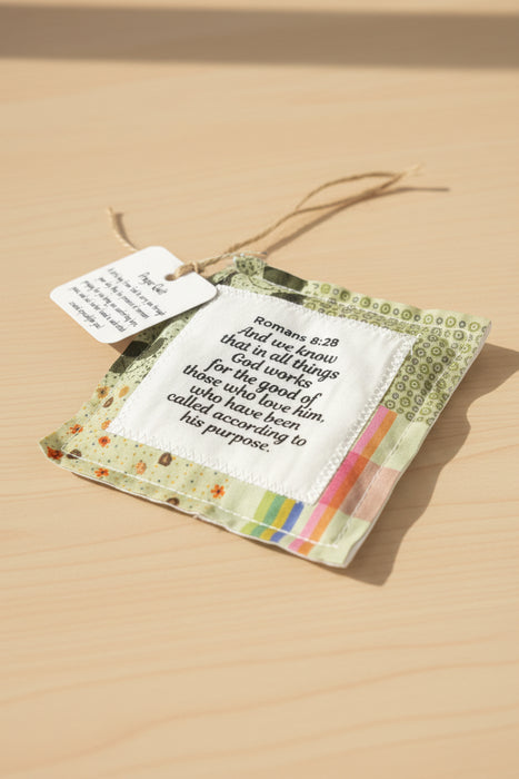 Square Pocket Prayer Quilt with a Wood Cross Inside.  Different Verses or Quotes Available.
