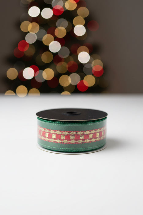 Red Trim Metallic Dupion Green John Mark Ribbon: 1.5in wide x 10yd