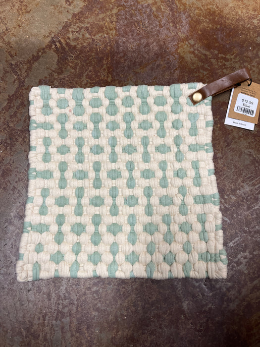 8" Square Cotton Crocheted Pot Holder w/ Leather Loop, Multi Color, 4 Colors