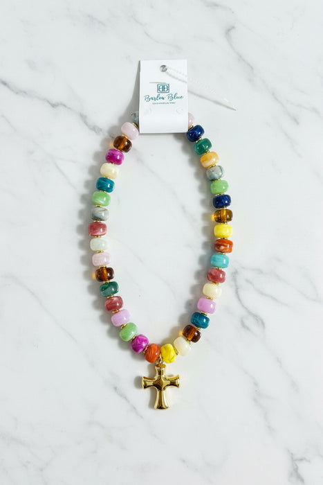 Multicolor Chunky Beaded Necklace with Gold Accents and Bubble Cross