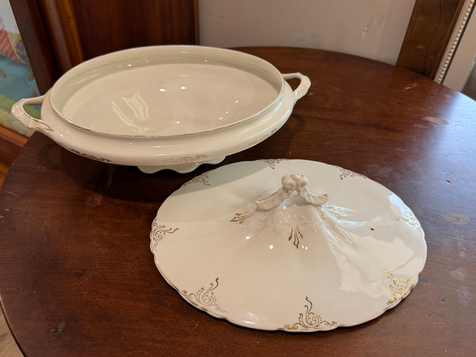 Antique Haviland & Co. Limoges Covered Vegetable Bowl | White Porcelain Serving Dish with Gold Trim | France