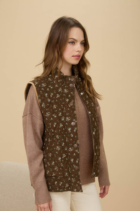 Brown Floral Quilted Zip-Up Puffer Vest