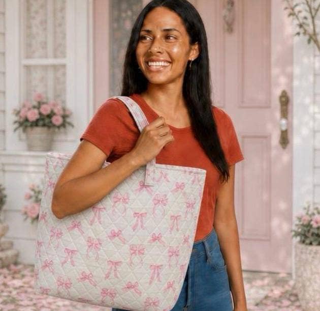 Pink Bow Quilted Tote Bag