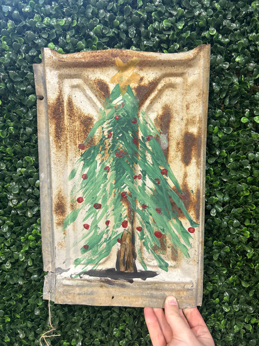 Vintage Metal Roof Tile with Hand Painted Christmas Tree